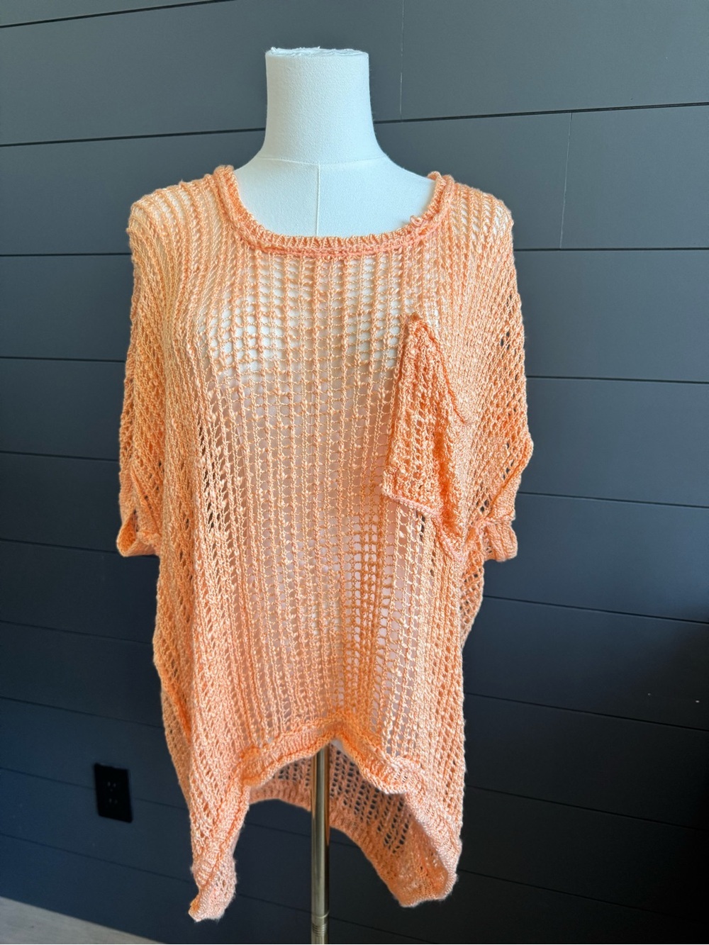 POL Peach Open Knit Crochet Sweater Oversized, Boho, Beach, Cottagecore, Summer